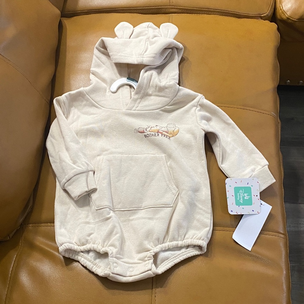 Disney Baby Winnie the Pooh Cream Bodysuit with Hood NWT